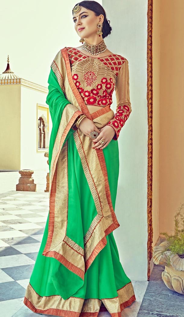 Lime Green Satin Traditional Contemporary Sarees with Stitched Blouse  | FH435469033