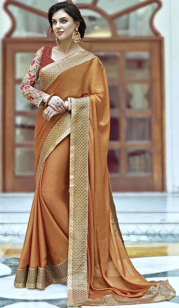 Tan Brown Satin Traditional Contemporary Sarees with Stitched Blouse  | FH435469036