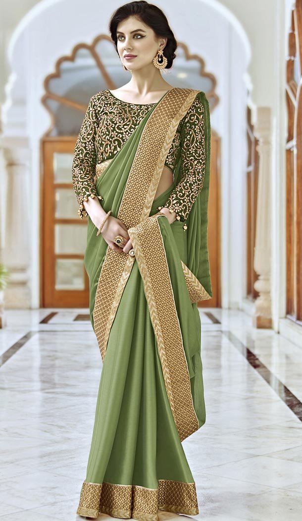 Olive Green Satin Traditional Contemporary Sarees with Stitched Blouse  | FH435469037