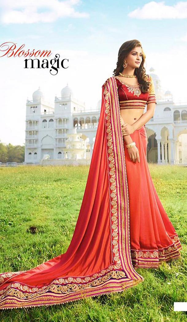 Salmon Georgette Traditional Look Contemporary Sarees with Stitched Blouse  | FH436569159