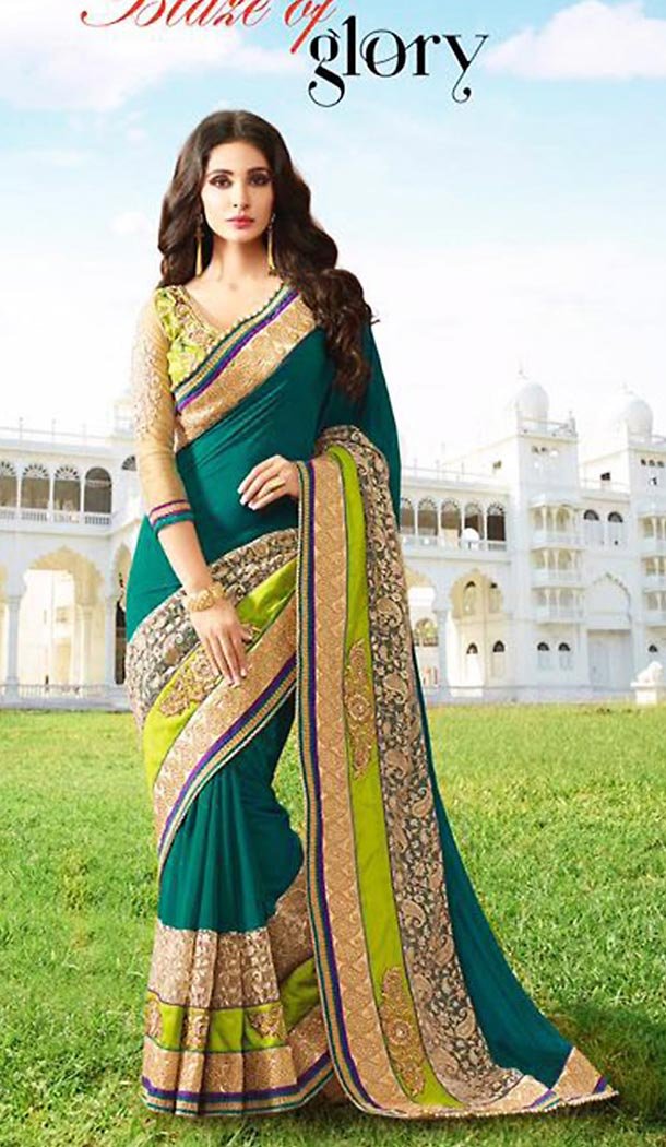 Bottle Green Georgette Traditional Look Contemporary Sarees with Stitched Blouse  | FH436569162