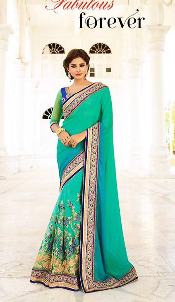 Emerald Georgette Traditional Look Contemporary Sarees with Stitched Blouse  | FH436569165