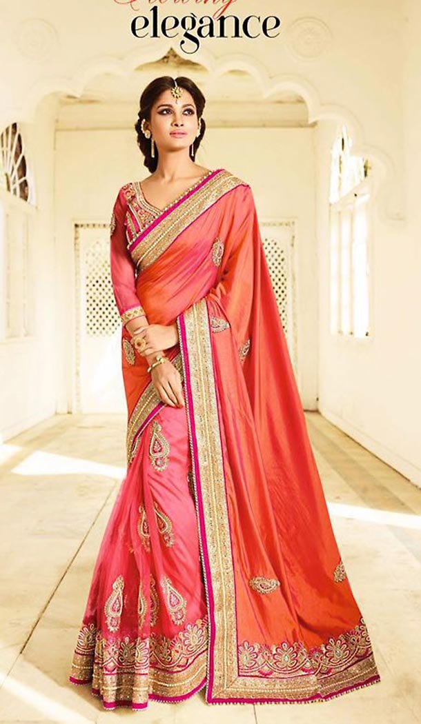 Salmon Net Traditional Look Contemporary Sarees with Stitched Blouse  | FH436569167