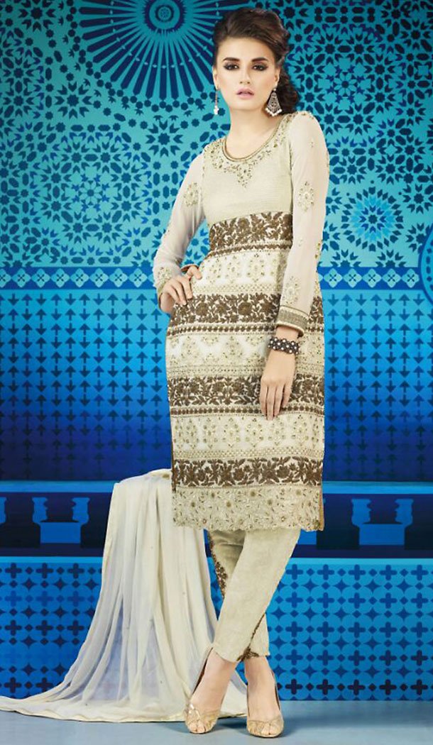 Beige Color Georgette Straight Cut Style Pakistani Stitched Dresses with Dupatta | FH439569445