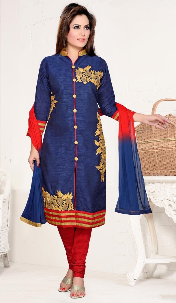 Navy Blue Color and Silk Fabric Achkan Ready Made Dress with Dupatta | FH447670403
