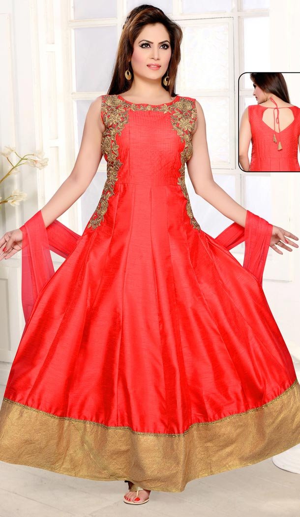 Red Color and Silk Fabric Anarkali Ready Made Dress with Dupatta | FH447670405