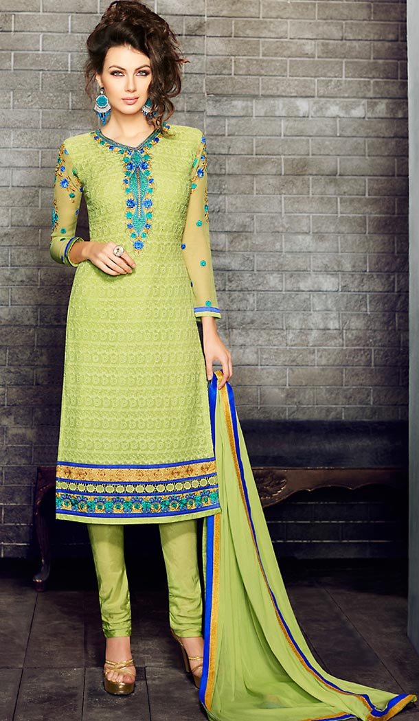 Parrot Green Color and Georgette Fabric Party Wear Churidar Suit Stitched with Dupatta | FH447770409