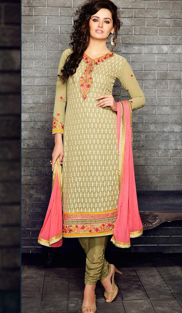 Tan Brown Color and Georgette Fabric Party Wear Churidar Suit Stitched with Dupatta | FH447770412