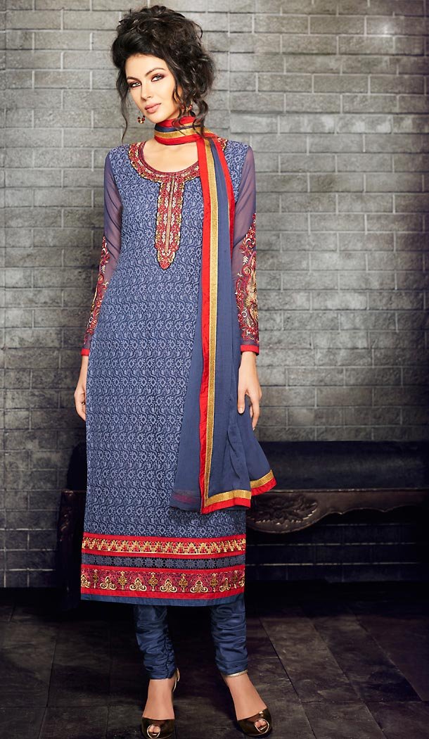Navy Blue Color and Georgette Fabric Party Wear Churidar Suit Stitched with Dupatta | FH447770414