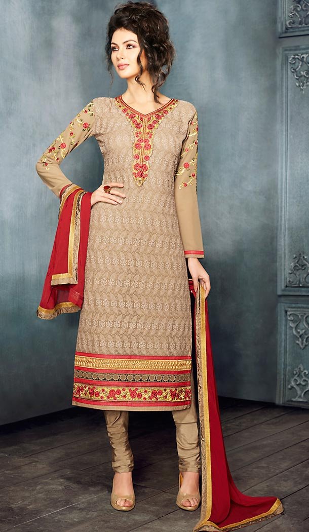 Tan Brown Color and Georgette Fabric Party Wear Churidar Suit Stitched with Dupatta | FH447770415