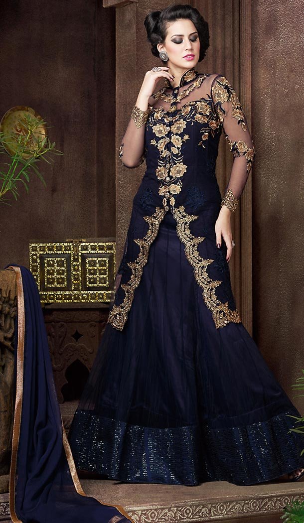 Navy Blue Color Net Fabric Designer Lehenga Kameez with Dupatta | FH447970435