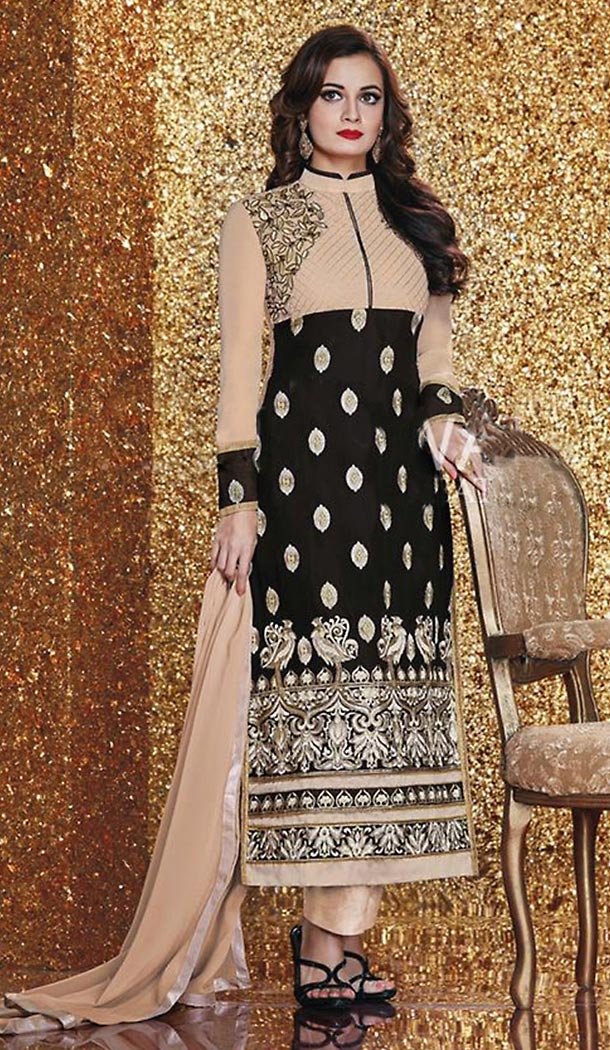 Dia Mirza Black Fabric Georgette Fabric Stitched Dresses with Dupatta | FH449270571