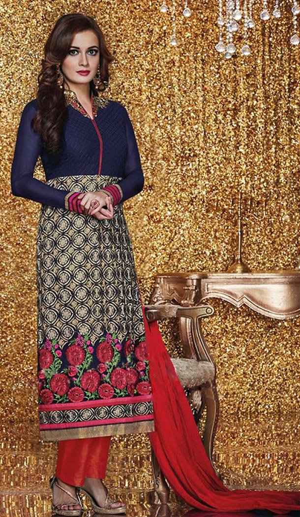 Dia Mirza Navy Blue Fabric Georgette Fabric Stitched Dresses with Dupatta | FH449270573