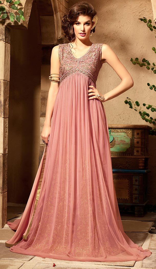 Salmon Color Net Fabric Designer Styles Stitched Dresses with Dupatta | FH449470590