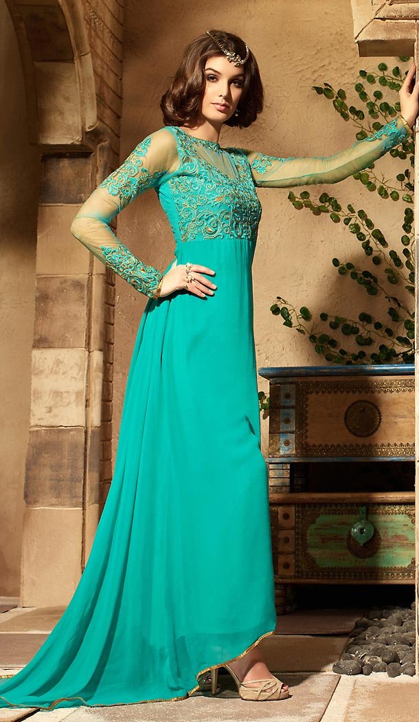 Emerald Color Georgette Fabric Designer Styles Stitched Dresses with Dupatta | FH449470591
