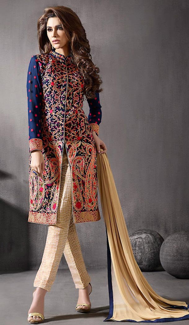 Navy Blue Color Georgette Fabric Party wear Styles Stitched Dresses with Dupatta | FH449570598