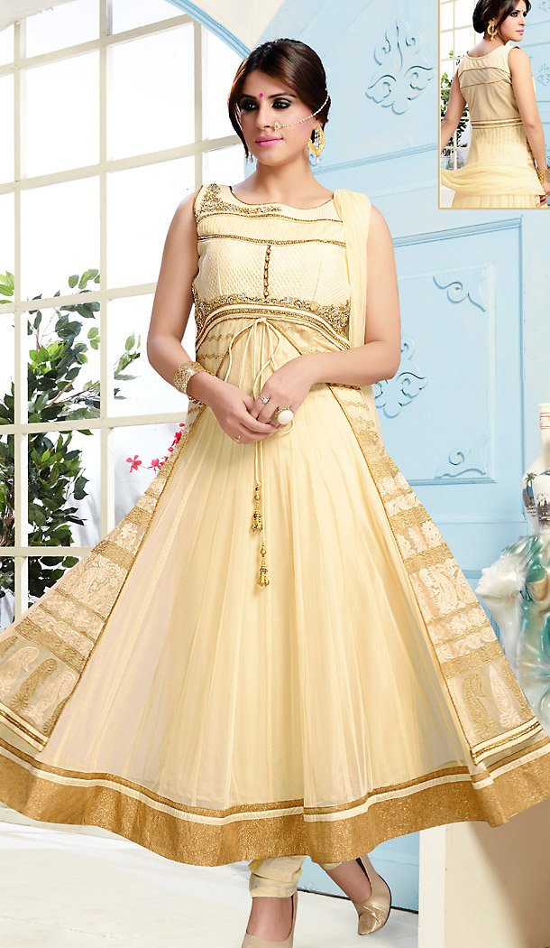 Beige Color Net Designer Party Wear Ready Made Churidar Suits wits Dupatta | FH450870731