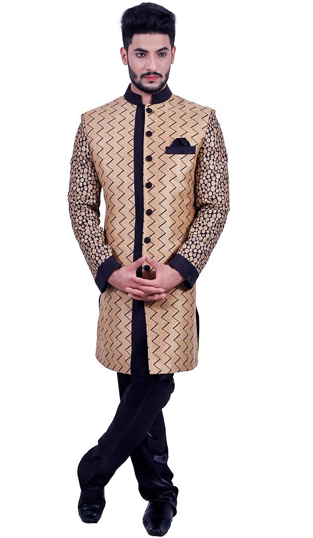 Tan Brown Color Brocade Designer Men Indo Western with Narrow Pants | FH451270773