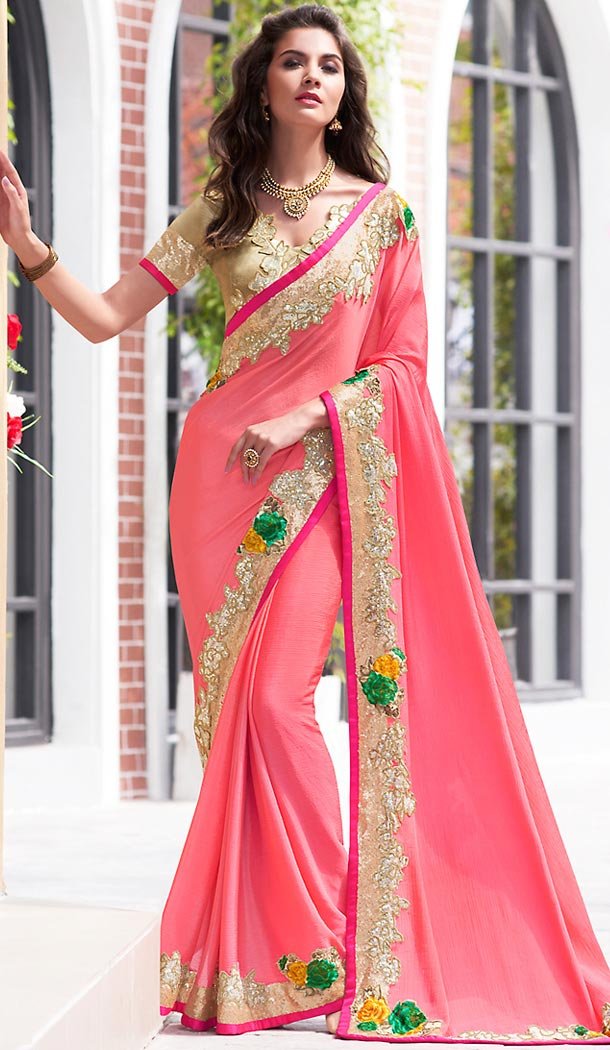 Salmon Color Chiffon Fancy Party wear Sarees with Stitched Blouse | FH452770954