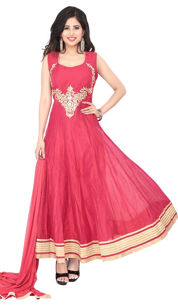 Deep Pink Color Chanderi Silk Anarkali Readymade Churidar Kameez | FH455771347