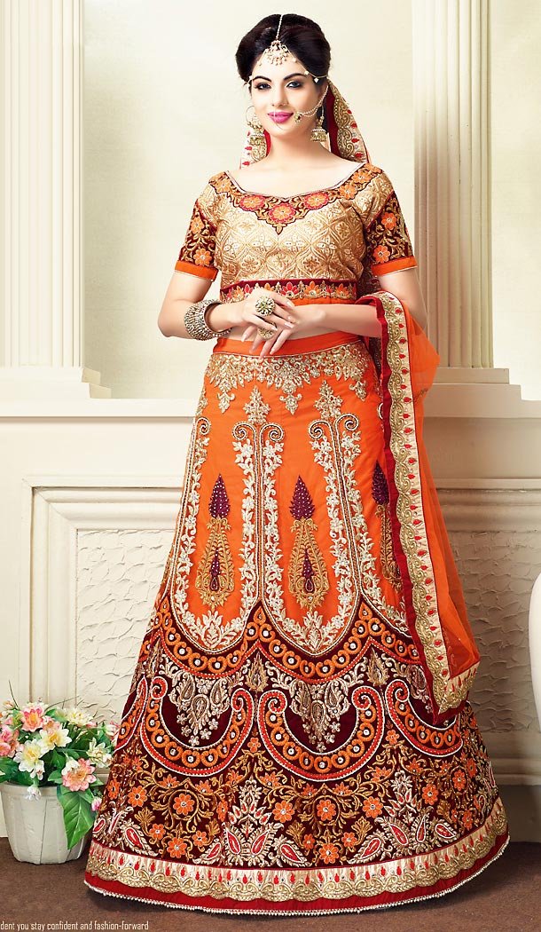 Orange Color Net A Line Lehenga Bridal Lehenga Choli | FH455871327