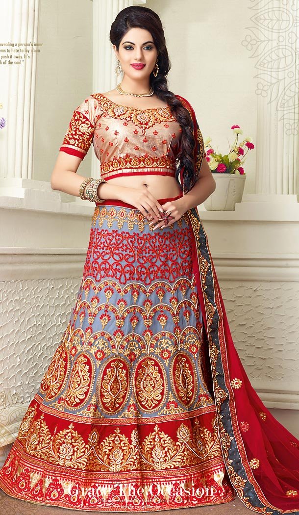 Slate Gray Color Net A Line Lehenga Bridal Lehenga Choli | FH455871337