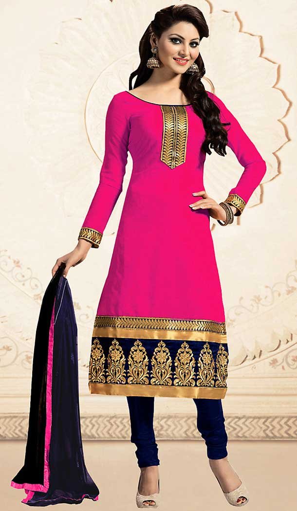 Deep Pink Color Chanderi Silk Straight Cut Churidar Kameez with Dupatta | FH457071477
