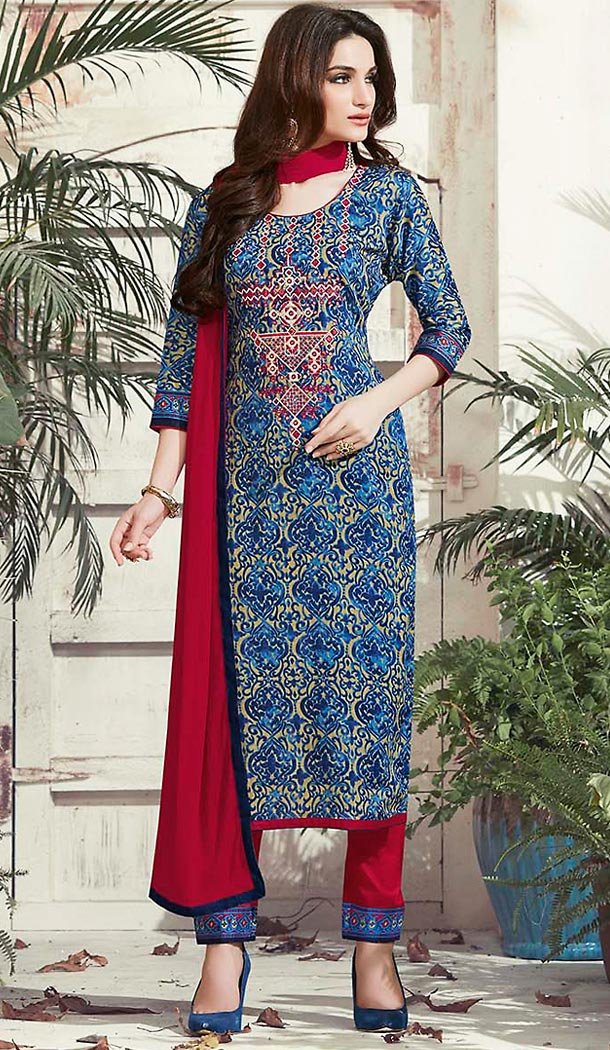 Blue Color Cotton Straight Cut Dress Narrow Pant Suit with Dupatta | FH458771709