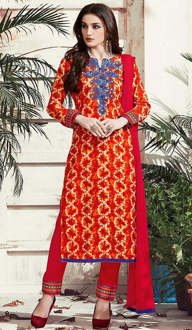 Red Color Cotton Straight Cut Dress Narrow Pant Suit with Dupatta | FH458771710