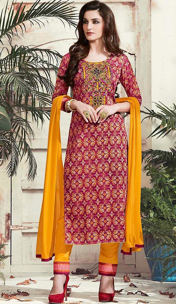 Magenta Color Cotton Straight Cut Dress Narrow Pant Suit with Dupatta | FH458771712