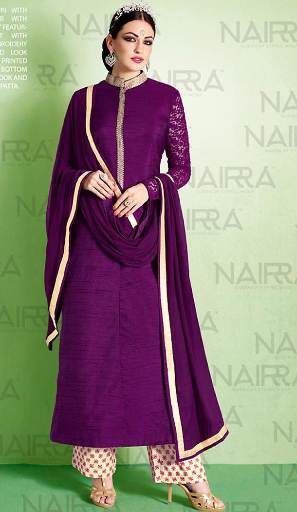 Pakistani Style Purple Color Bhagalpuri Silk Narrow Pants Dresses | FH461071944