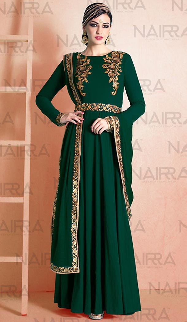 Pakistani Style Bottle Green Color Georgette Churidar Dresses | FH461071954