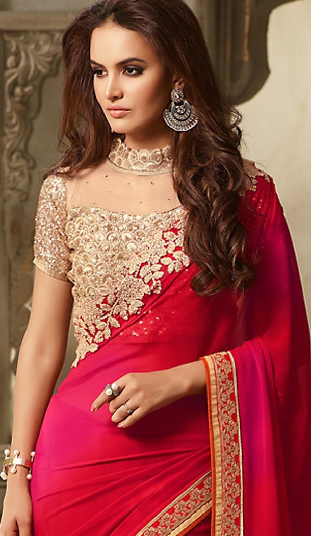 Traditional Style Deep Scarlet Color Georgette Contemporary Saree Blouse | FH461471995
