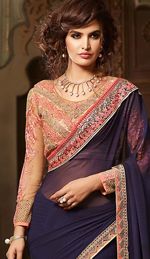 Traditional Style Navy Blue Color Georgette Contemporary Saree Blouse | FH461471999