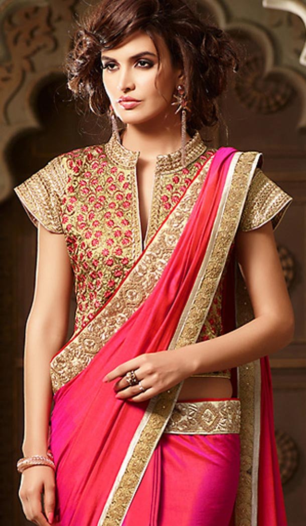 Traditional Style Deep Pink Color Silk Contemporary Saree Blouse | FH461472000