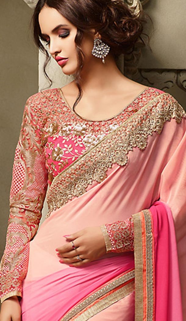 Traditional Style Salmon Color Georgette Contemporary Saree Blouse | FH461472006