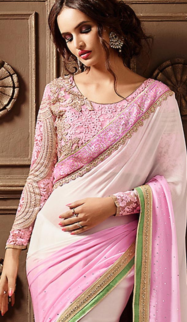 Traditional Style Rose Pink Color Georgette Contemporary Saree Blouse | FH461472008