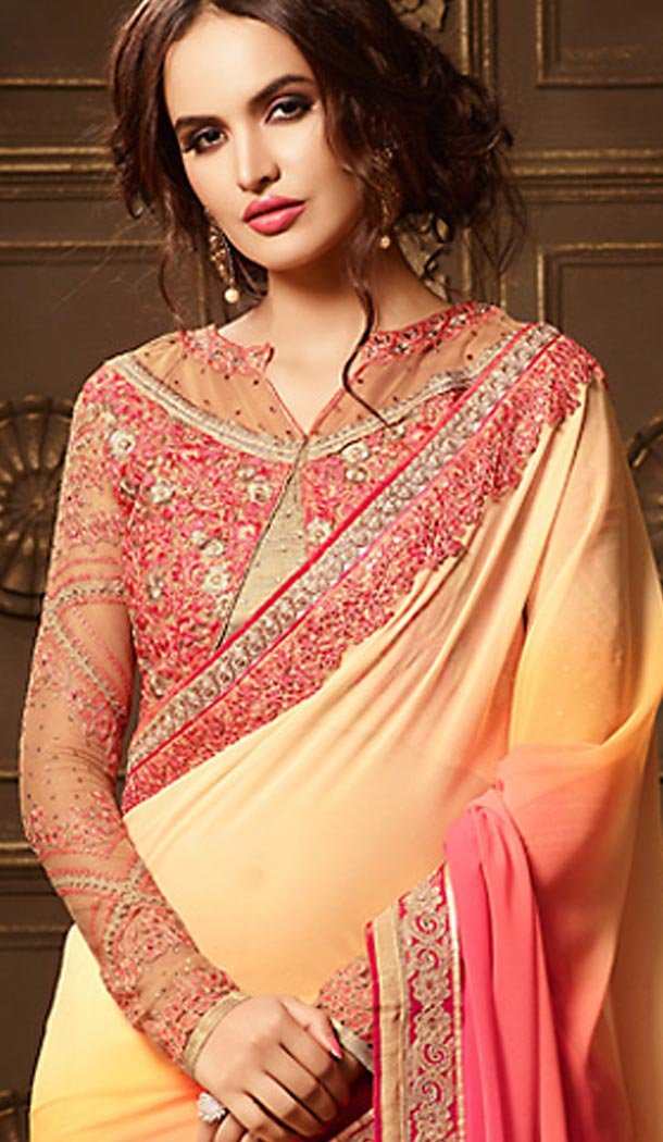 Traditional Style Beige Color Georgette Contemporary Saree Blouse | FH461472010