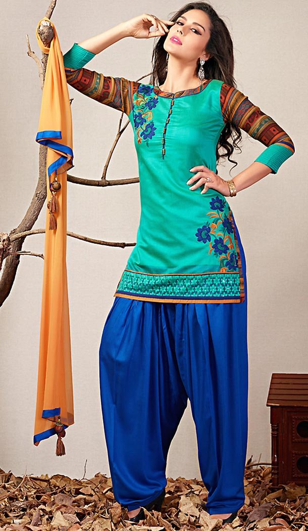 Panjabi Greenish Blue Chanderi Silk Straight Cut Readymade Patiyala Suit | FH517179793