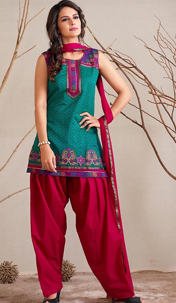 Panjabi Emerald Chanderi Silk Straight Cut Readymade Patiyala Suit | FH517179794