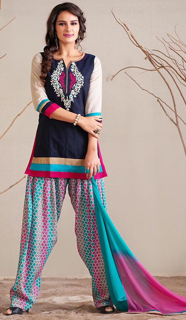 Panjabi Navy Blue Chanderi Silk Straight Cut Readymade Patiyala Suit | FH517179799