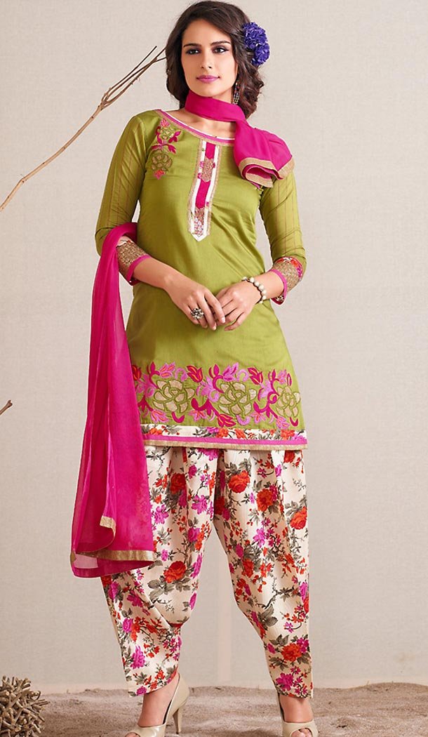 Panjabi Mehendi Green Chanderi Silk Straight Cut Readymade Patiyala Suit | FH517179802