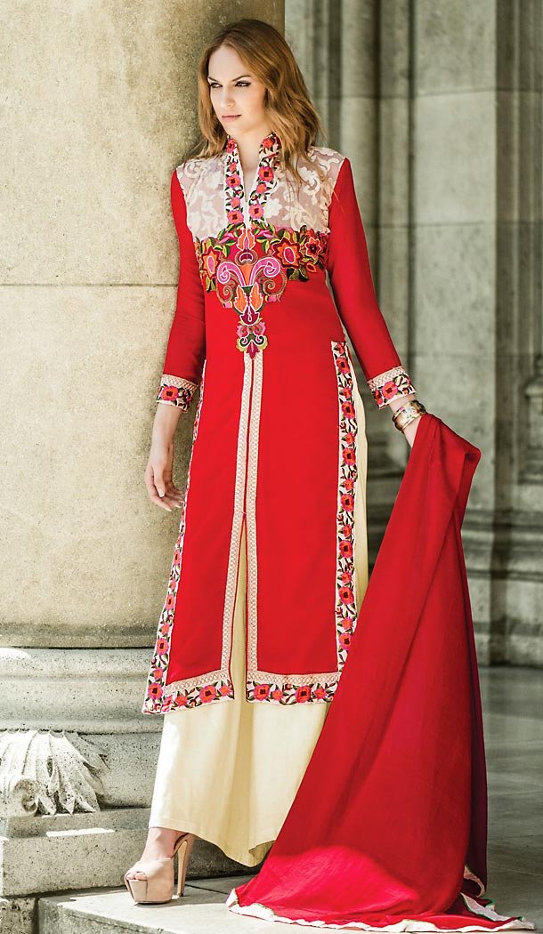 Pakistani Style Deep Scarlet Color Georgette Lehenga Dresses | FH462072091
