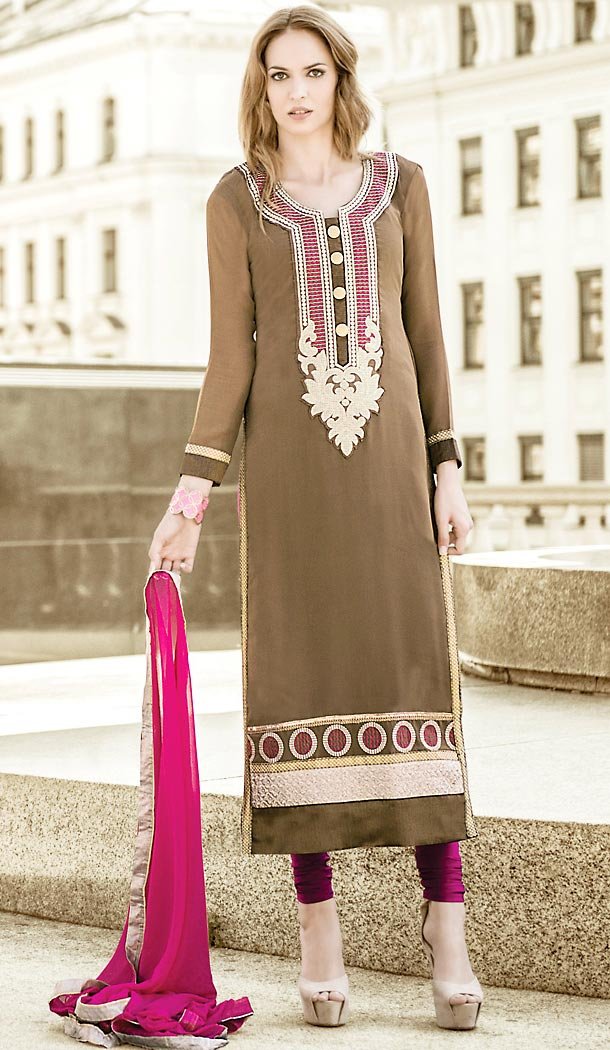 Pakistani Style Tan Brown Color Georgette Churidar Dresses | FH462072094