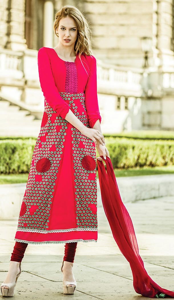 Pakistani Style Deep Pink Color Georgette Churidar Dresses | FH462072095