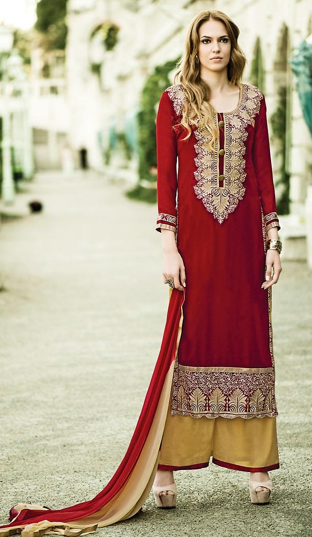 Pakistani Style Maroon Color Georgette Palazzo Dresses | FH462072097