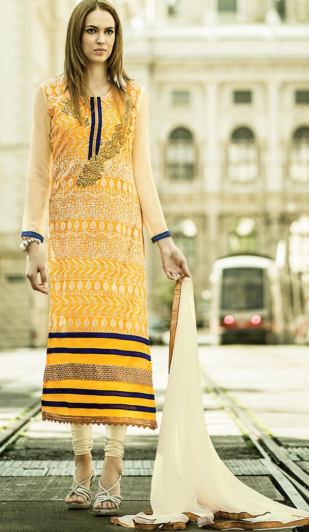 Pakistani Style Yellow Color Georgette Churidar Dresses | FH462072099