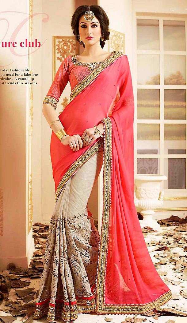 Tan Brown Color Net Embroidered Saree Blouse | FH465872587