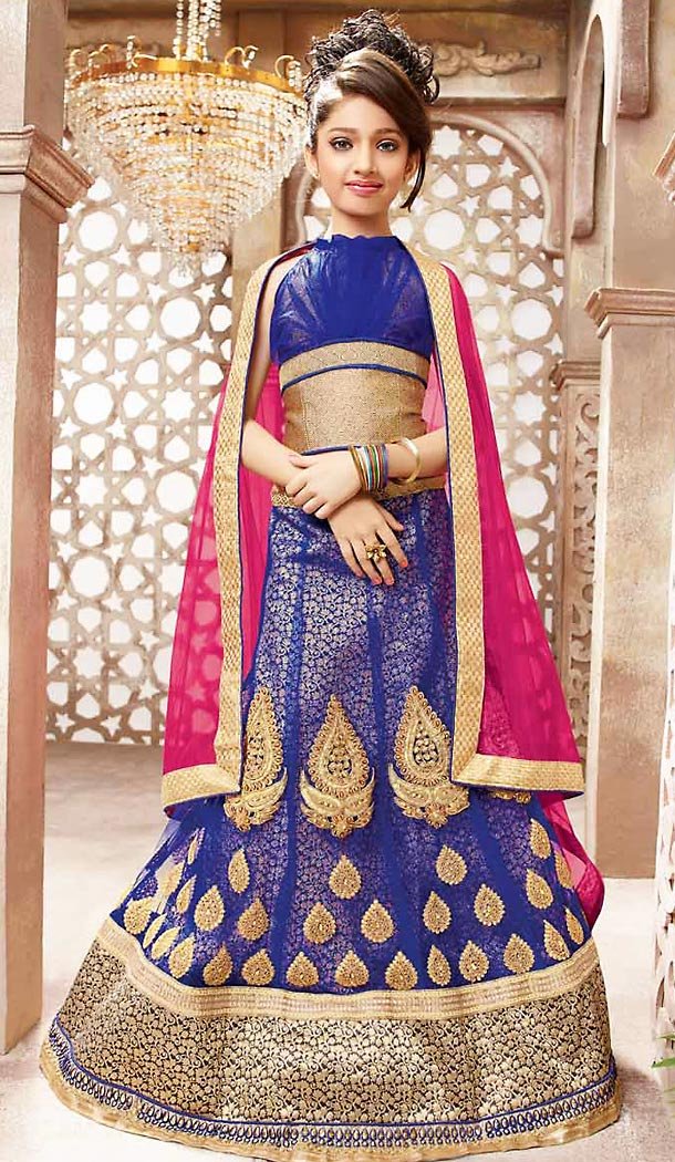 Royal Blue Color Net A Line Kids Girls Lehenga Cholis | FH467472755