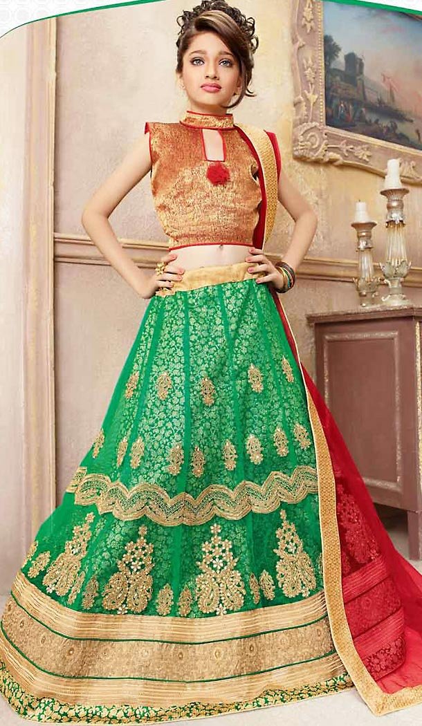 Chrome Green Color Net A Line Kids Girls Lehenga Cholis | FH467472760